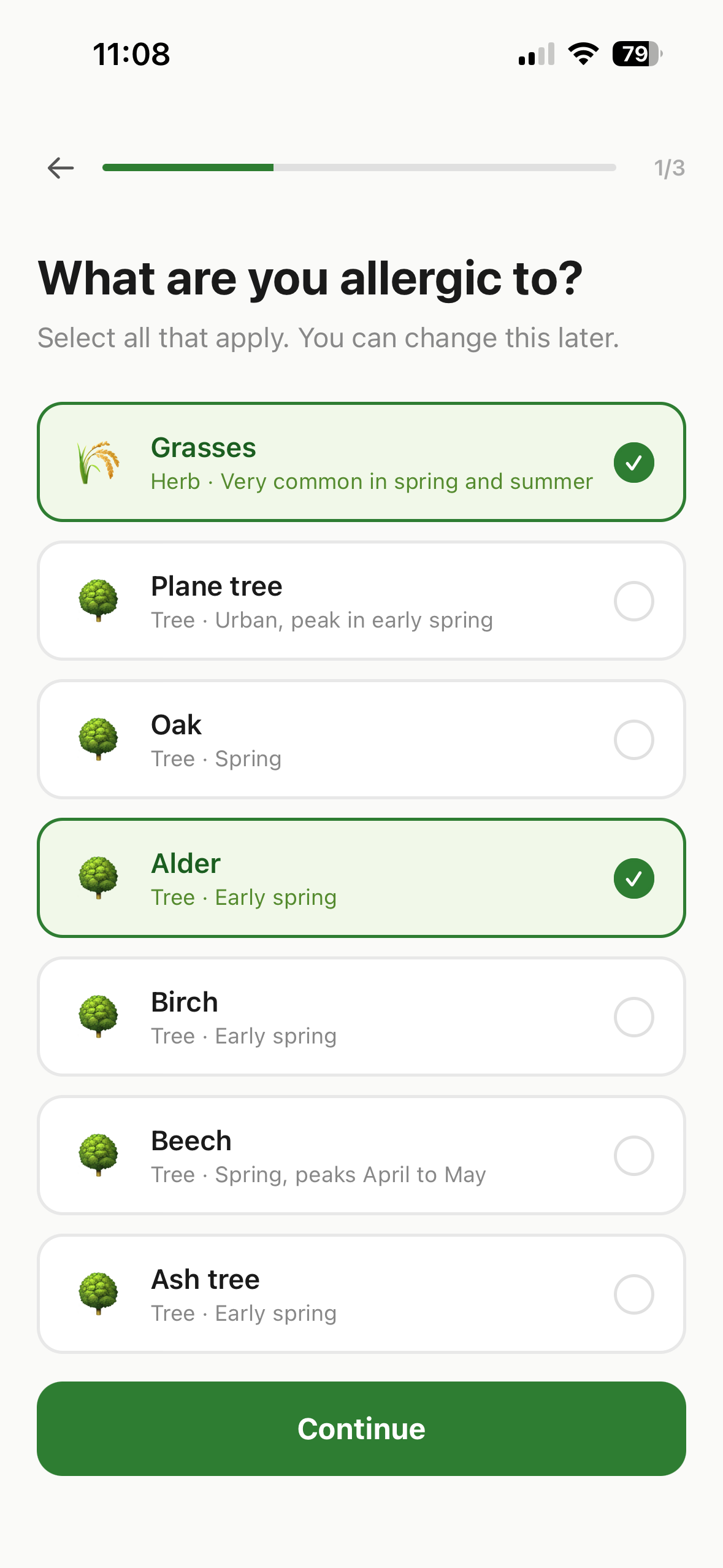 Allergen picker: choose the pollens you react to