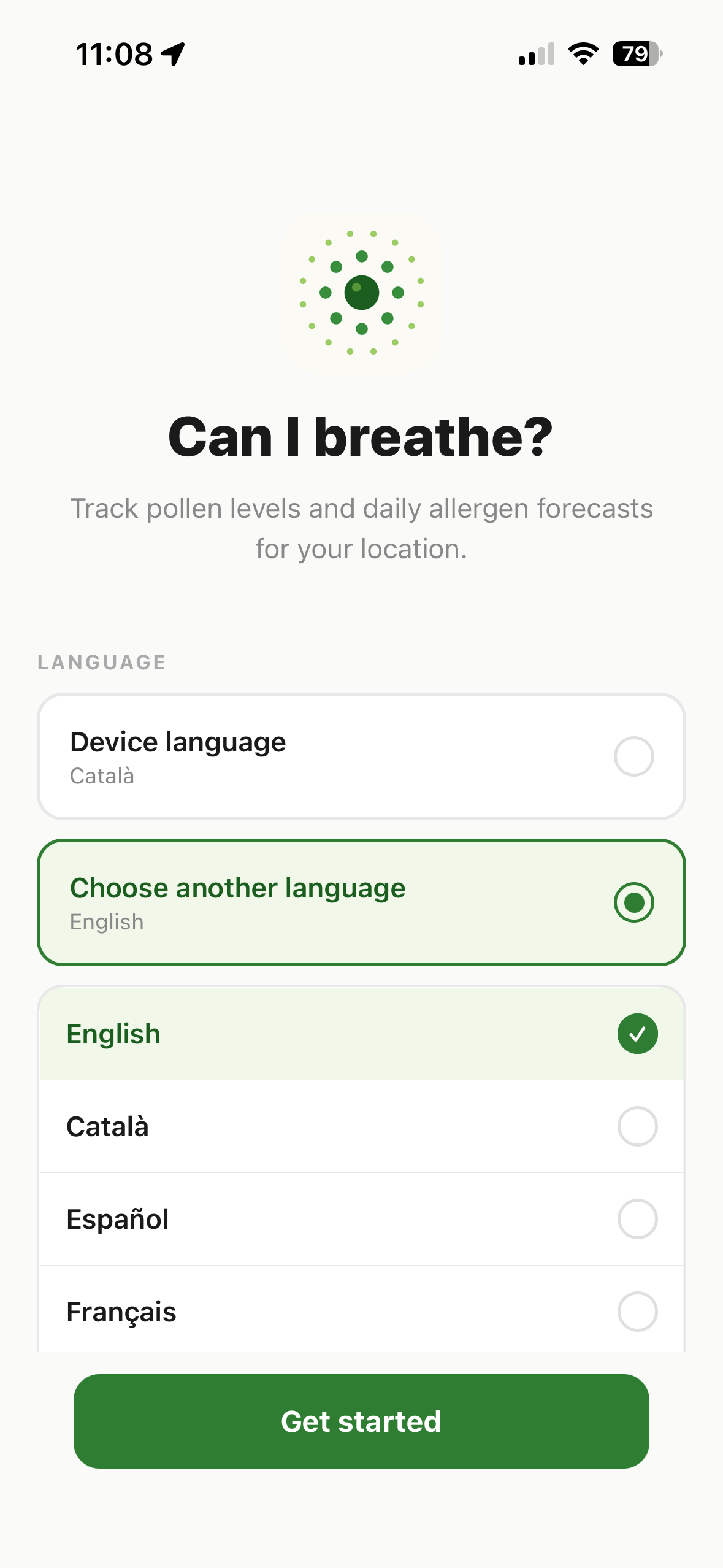 Language selection screen