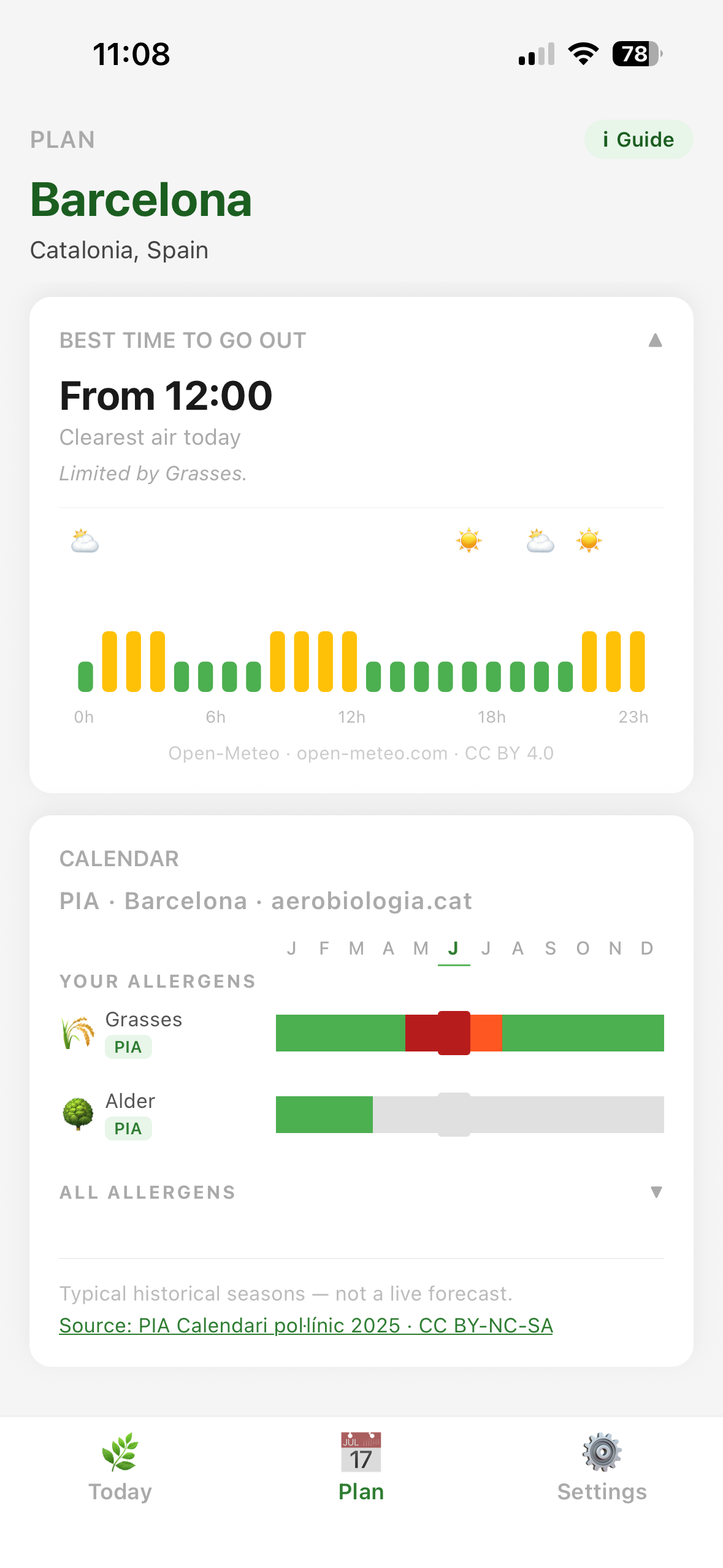 Plan tab: best time to go out and pollen season calendar