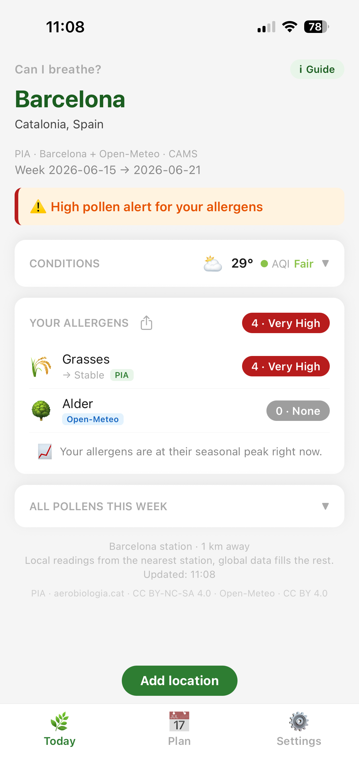 canIbreathe forecast screen showing today's pollen levels for your allergens